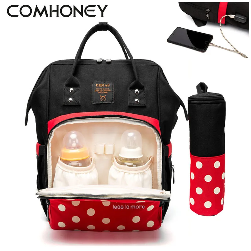 

Baby Stroller Bag 3PCS Set Dot Woman Backpack USB Charge Maternity Nappy Diaper Bag Insulation Waterproof Mummy Travel Organizer
