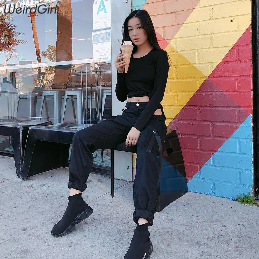 

Weirdgirl 100%cotton Women pant hollow out button Casual Full Length cargo Pants High Waist Solid Zippers trouser new summer