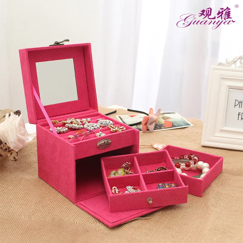 Guanya hot sell protable Velvet jewelry organizer jewel case 3 layers new style jewelry gift box for christmas day