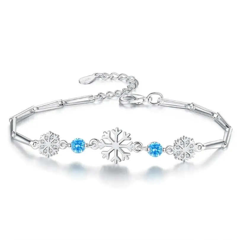 

New Sweet Blue Crystal Zircon Snowflake Bracelets For Women 925 Sterling Silver Jewelry Party Girl's Bracelets Bileklik SAB10