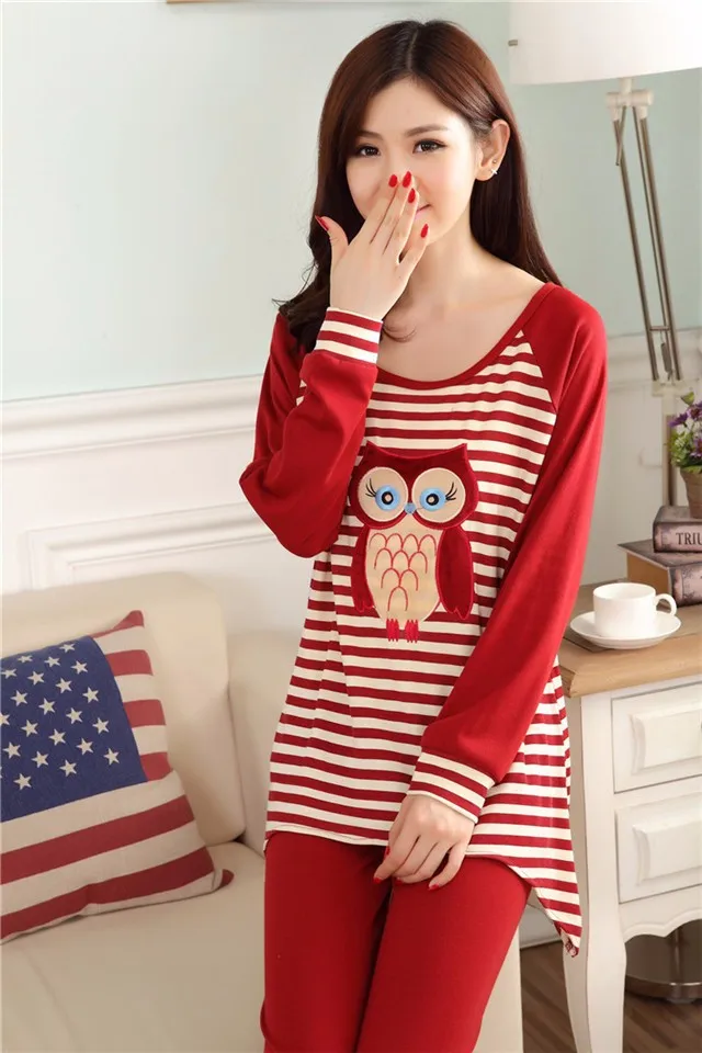 Spring Autumn Women's Velvet Print Character Owl Stripe Pajamas Sets