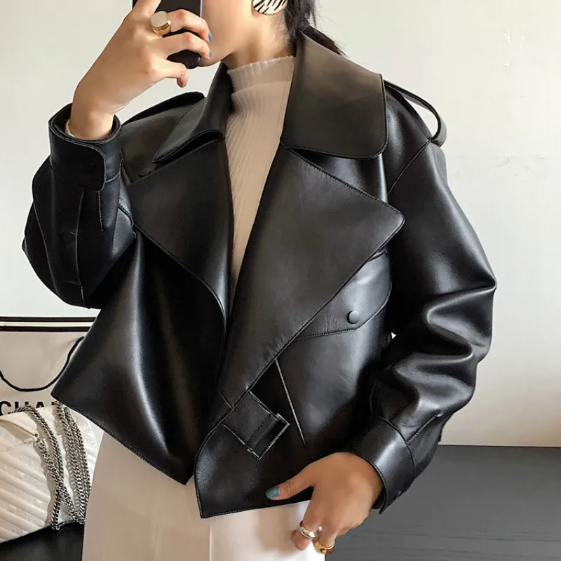 

Leather Jacket Women Cute Spring Autumn Sheepskin Genuine Leather Coat Korean Motocycle Jackets Streetwear Chaqueta Mujer YY538