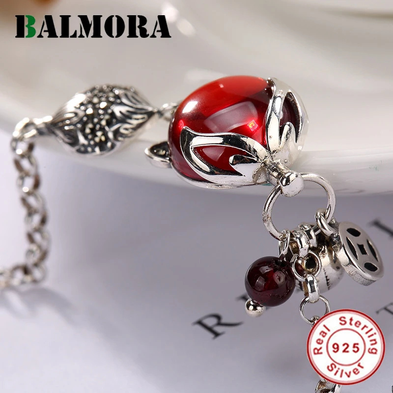 

BALMORA Solid 925 Sterling Silver Garnet Red Fox Animal Bracelet For Women Party Thai Silver Fashion Vintage Jewelry JWB5004