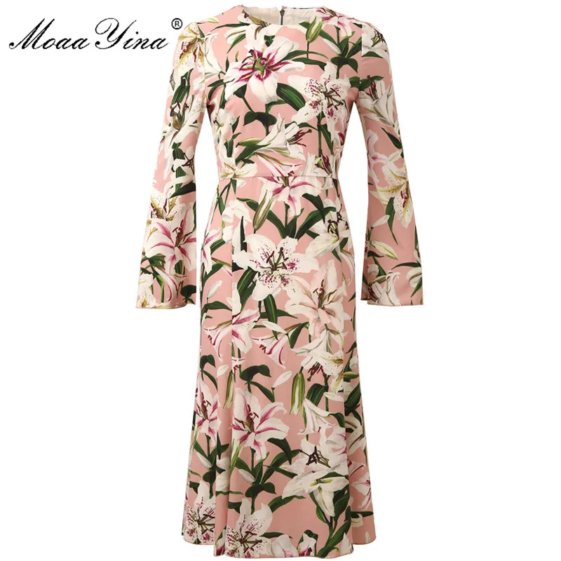 

MoaaYina Fashion Designer Runway dress Spring Autumn Women Dress Flare Sleeve lily Floral-Print Elegant Dresses