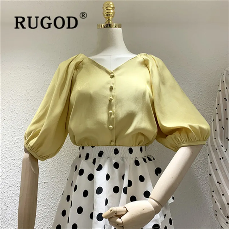 

RUGOD 2019 summer womens tops and blouses Single-breasted solid color V neck women blouses Puff sleeve camisas mujer