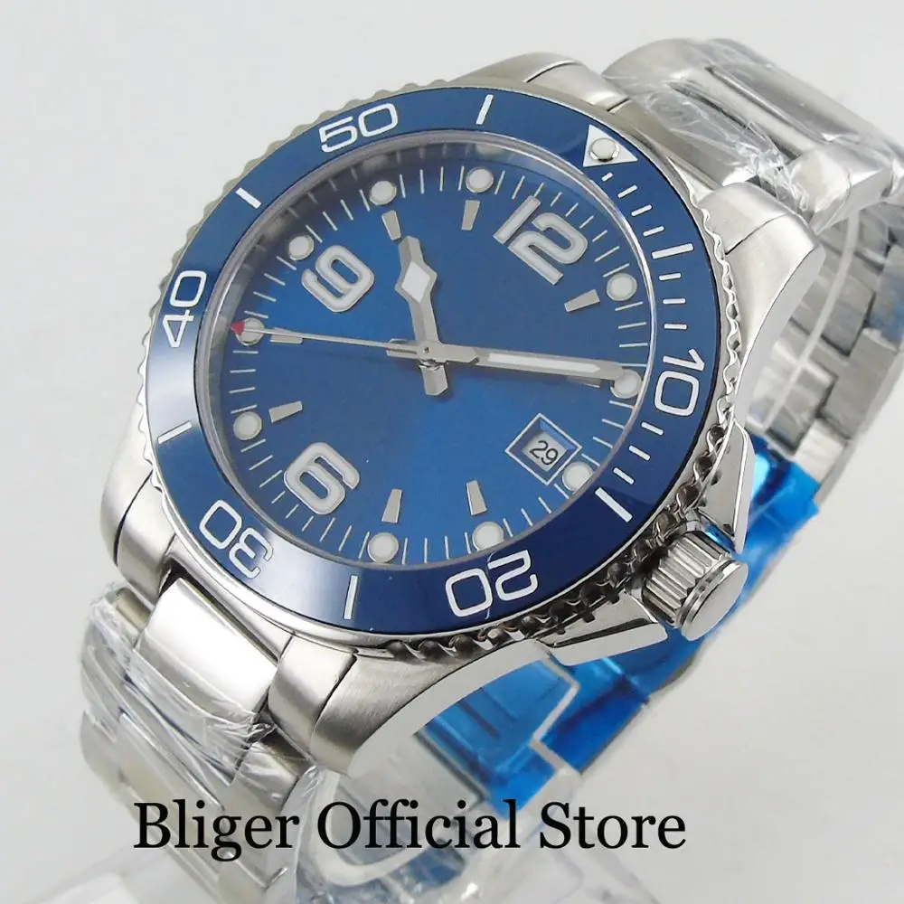 

BLIGER Fashion 40mm Men's Watch Sapphire Glass Automatic Movement Date Window Blue Dial Ceremic Bezel