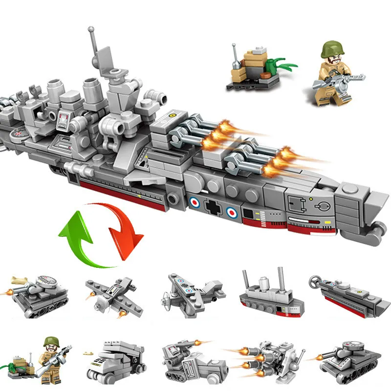 

10in1 Empires of Steel Military Battleship Building Blocks Compatible Legoings WW2 Armed Submarine Tanks Force Toys for Children