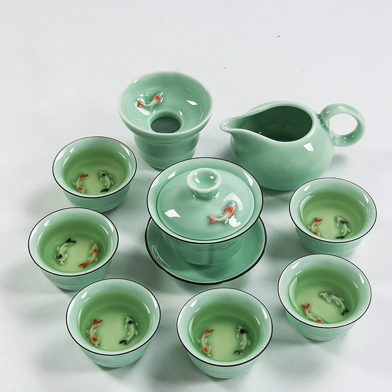 Чайный набор TANGPIN longquan celadon с рыбками, керамический чайник, керамическая чайная чашка, китайский чайный набор кунг-фу, посуда для напитков