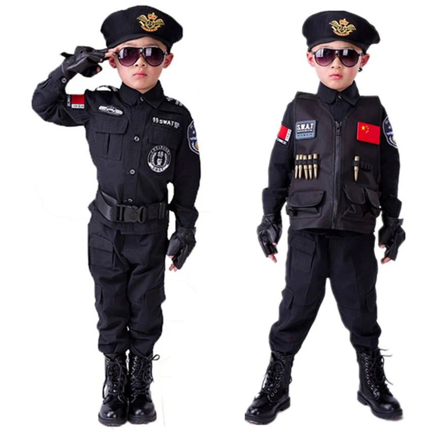 Online Jungen Polizei Kinder Uniform Kinder Cosplay Polizisten Kostüme Spezielle Armee Militär Uniform Kindergarten Leistung Kleidung Set