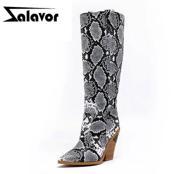 

ZALAVOR Plus Size 33-46 Women Knee High Boots Snake Print Square Heeled Western Cowgirl Boots Winter Plush Warm Shoes Women