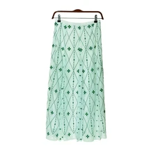 Свежий алмаз и Листья Вышивка Женщины сетки плиссированные юбки летние женские элегантные длинные юбки