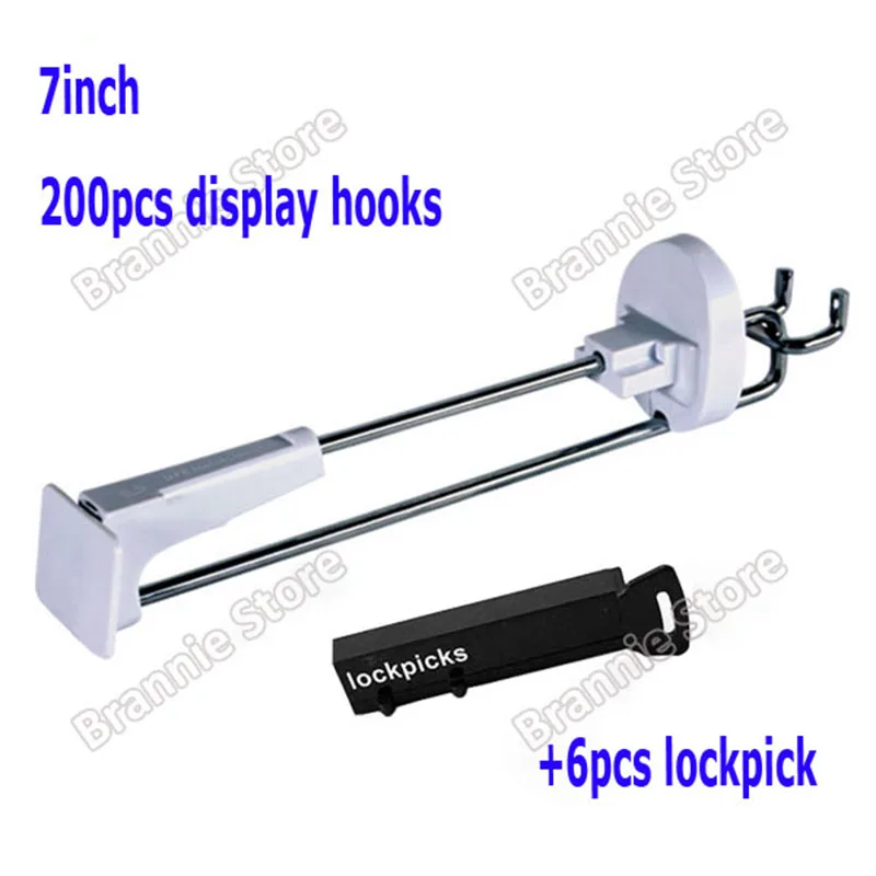 200pcs/lot 7 inch supermarket retail security display slatwall hook anti-theft pegboard hooks+6pcs magnetic detacher lockpick