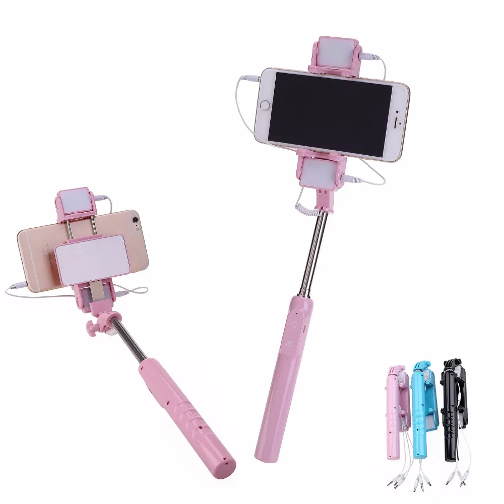 Nový příjezd 22-87CM Rozšiřitelný kabelový Selfie Stick s výplní světla 900mah monopod se zrcadlem pro 4-6inch Android Iphone 6 6s