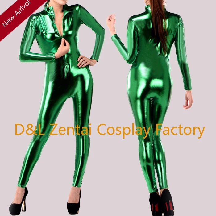 Free Shipping Dhl Sexy Green Front Zipper Zentai Catsuit Shiny Metallic 