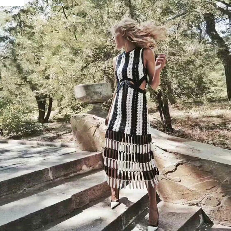 

2018 Elegant Sleeveless Blue With White Casual Women Dresses High Quality Hollow Out Tassel Beach Holiday Summer Dress Whoelsale