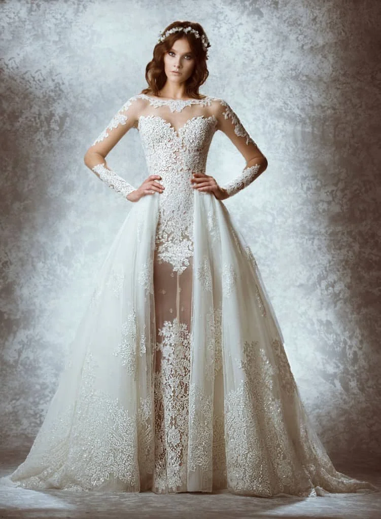 

Arabia Muslim 2018 Fashion bridal gown Detachable Train Lace Sheer long sleeves Vestido De Novia mother of the bride dresses