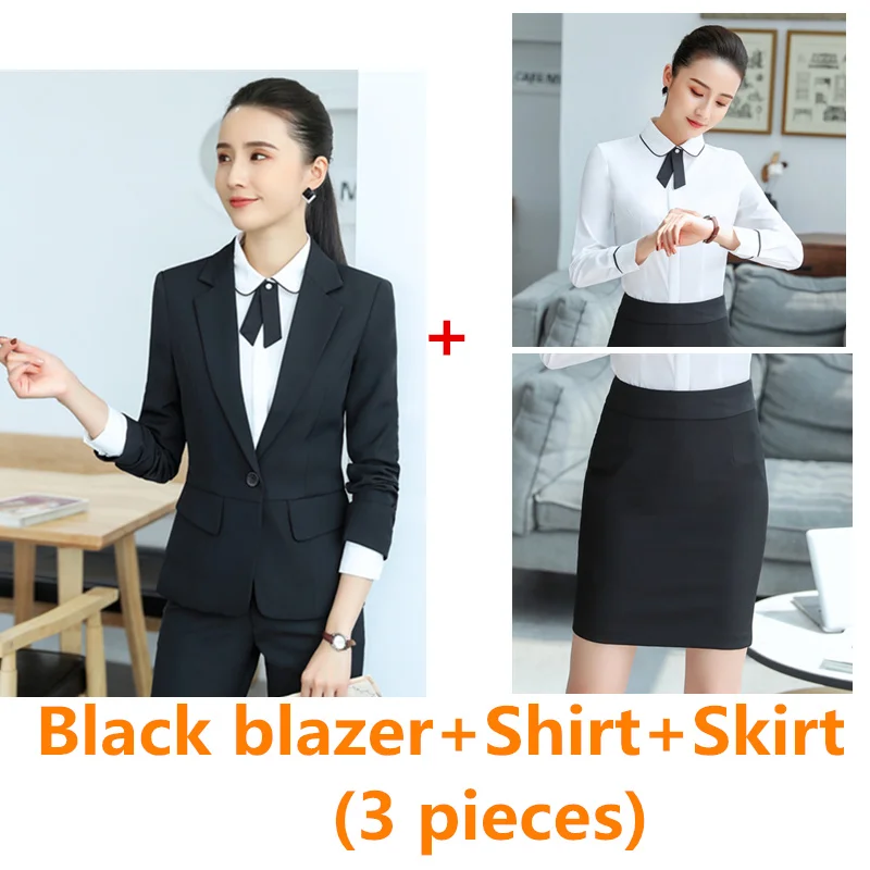 Женский брючный костюм, деловой костюм, комплект из 2 предметов, для интервью, черный, однотонный, элегантный, на одной пуговице, блейзер, брюки, полная длина, брюки - Цвет: Black skirt 3 pcs