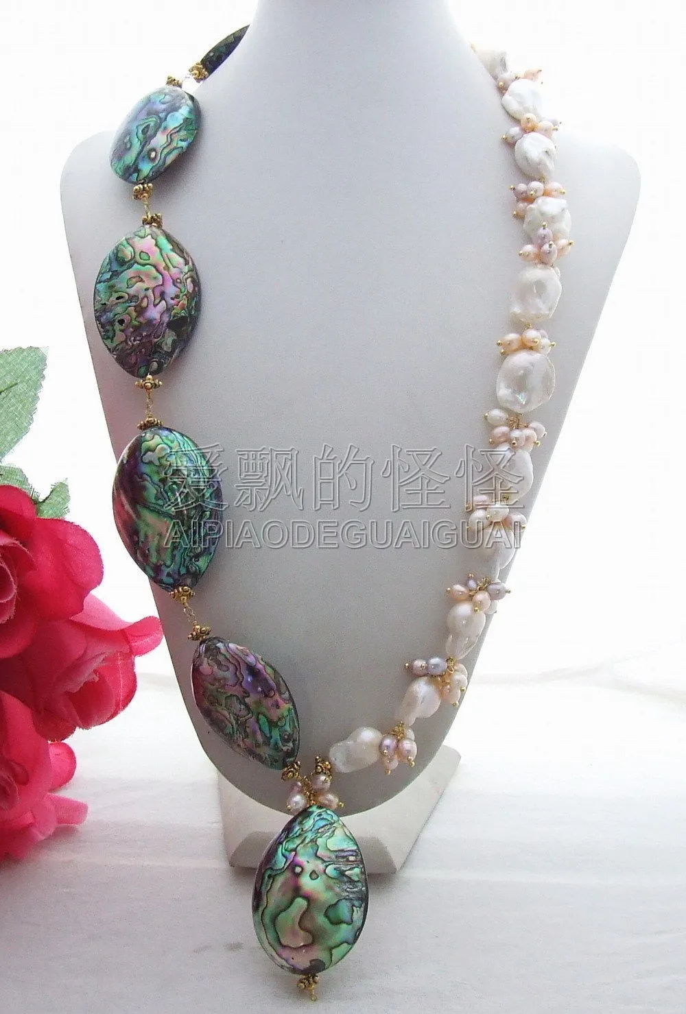 

N130711 Stunning Bead-Nucleated Pearl&Abalone Shell Necklace