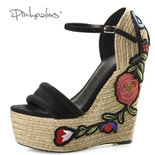 Pink Palms women summer Embroidered suede wedge espadrille shoes hibiscus flower applique supper high heel elegant sandals