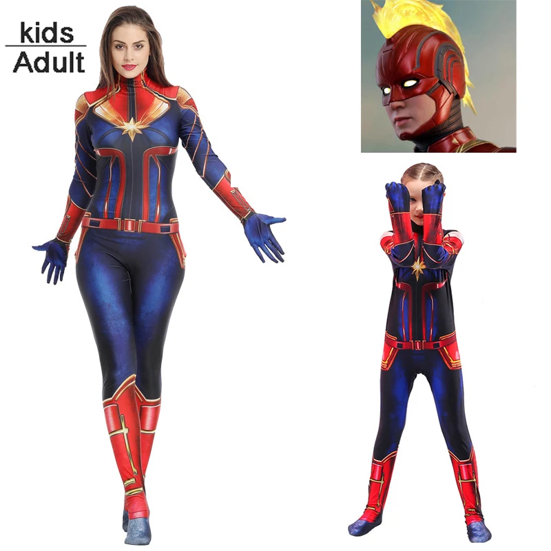 

Movie Captain Marvel Carol Danvers Avengers Costume Girls Superhero Zentai Halloween Carnival Costume Party For Kids Adult Mask