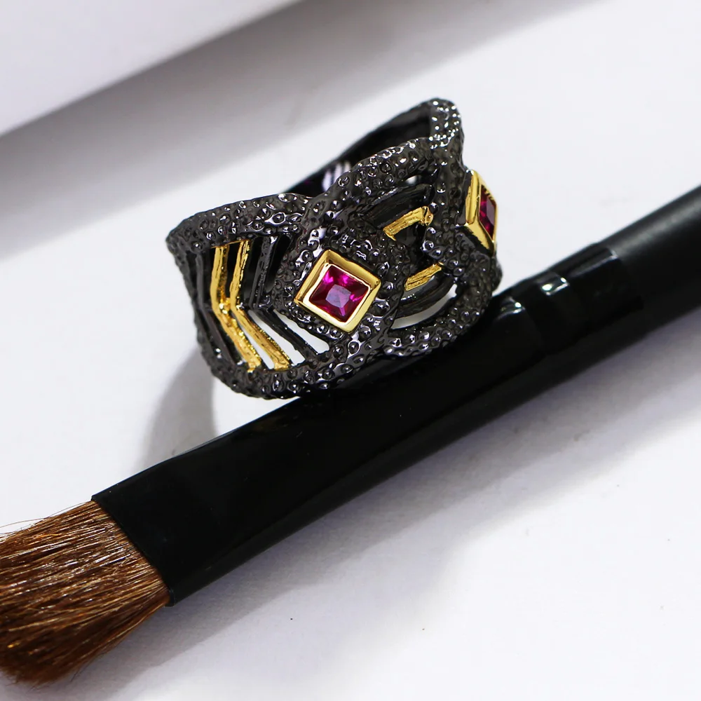 DreamCarnival 1989 Black Gold Color Hip Hop Parties Jewelry Rings Fuchsia Red CZ Gothic Anniversary Gift for Women Lover SR2288