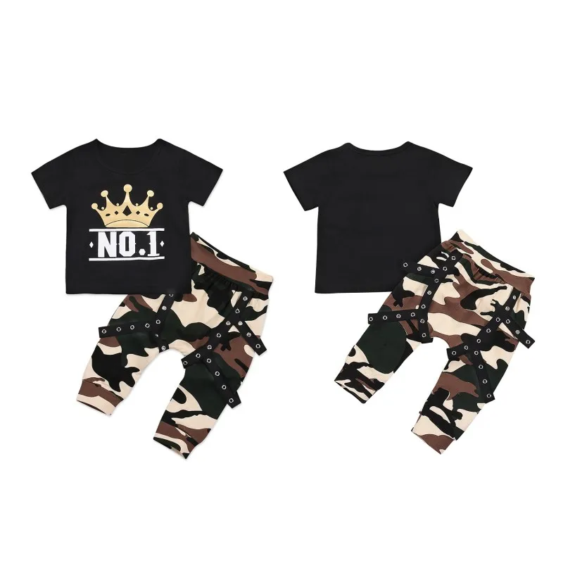 

Explosions Boy Children's Clothing Europe America Models Crown NO.1 Printing Jacket + Camouflage Hanging Chain Pants Two Set