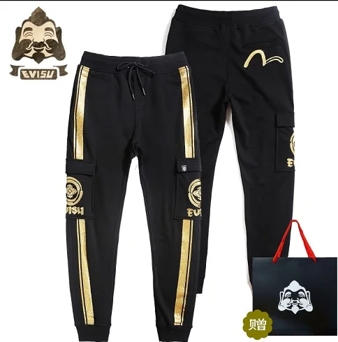Tide бренд Evisu модные трендовые мужские брюки хлопковые мужские и женские парные набивные спортивные штаны повседневные брюки теплые дышащие брюки - Цвет: black K5101
