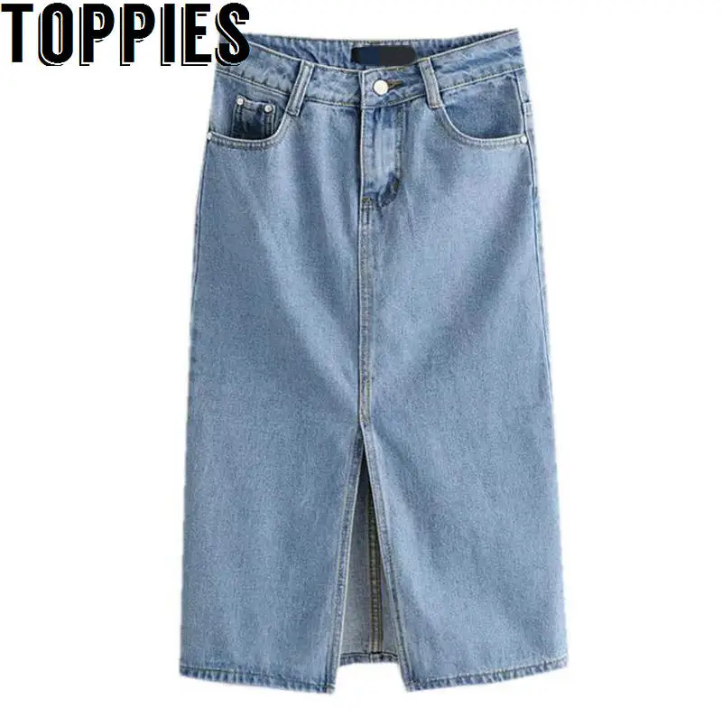 

Toppies Women 2019 Women High Waisted Denim Skirt Split Midi Jeans Skirts Light Blue Denim Skirts