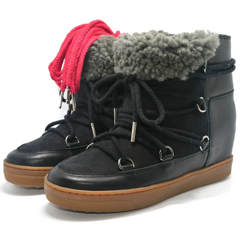 

Winter Nowles Snow Boots Black Wool Real Fur Genuine Leather Wedge Boots Two Shoelaces 35~41 Heel 7cm Women's Shoes