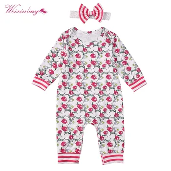 

Autumn Baby Rompers for Girls Cotton Rose Printed Rompers+ Headwear Baby Striped Sleeveless O-neck Clothing