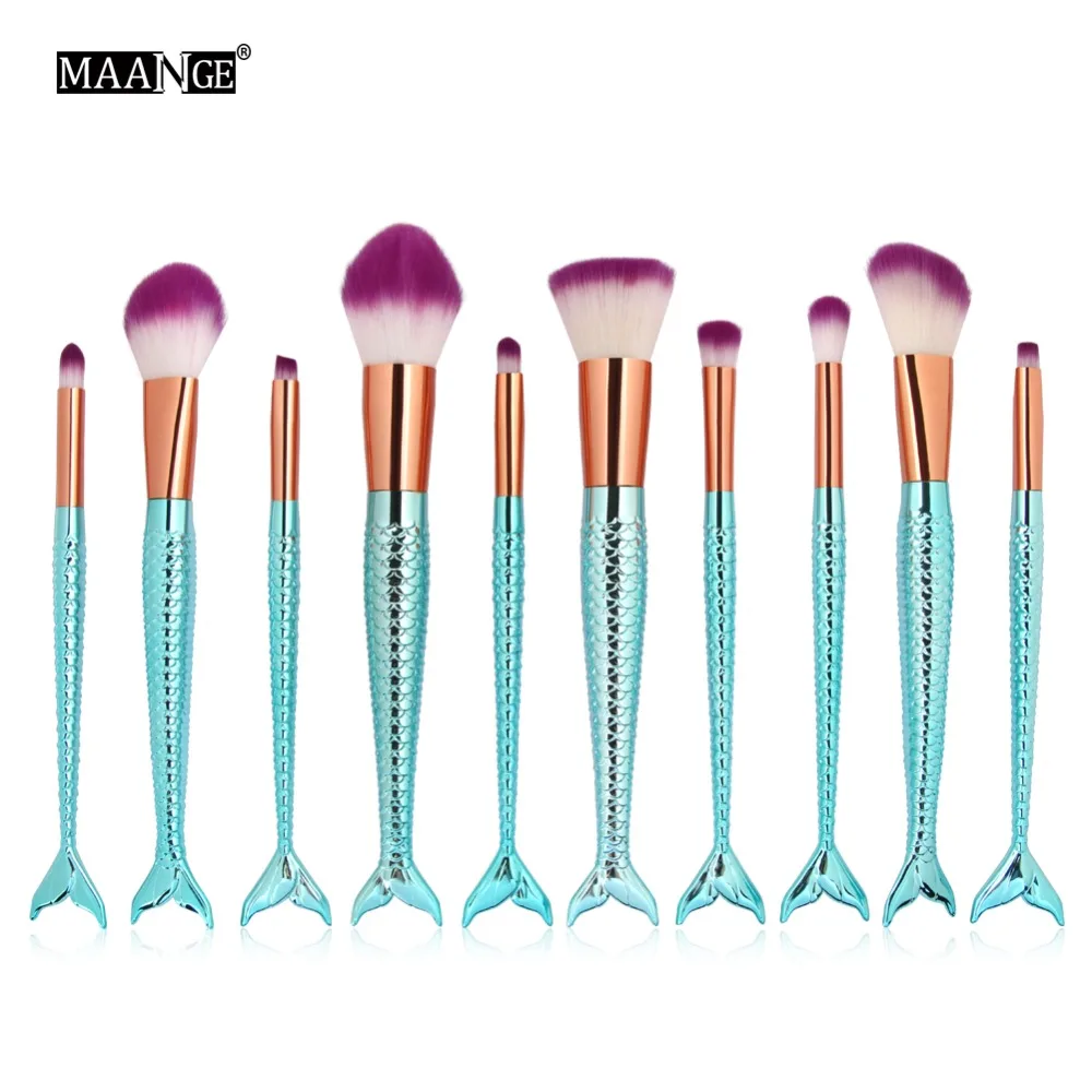 

10Pcs/set Cosmetic Mermaid Makeup Brushes Tool Kits Power Foundation Blending Eye Shadow Contour Concealer Blush Beauty Brush