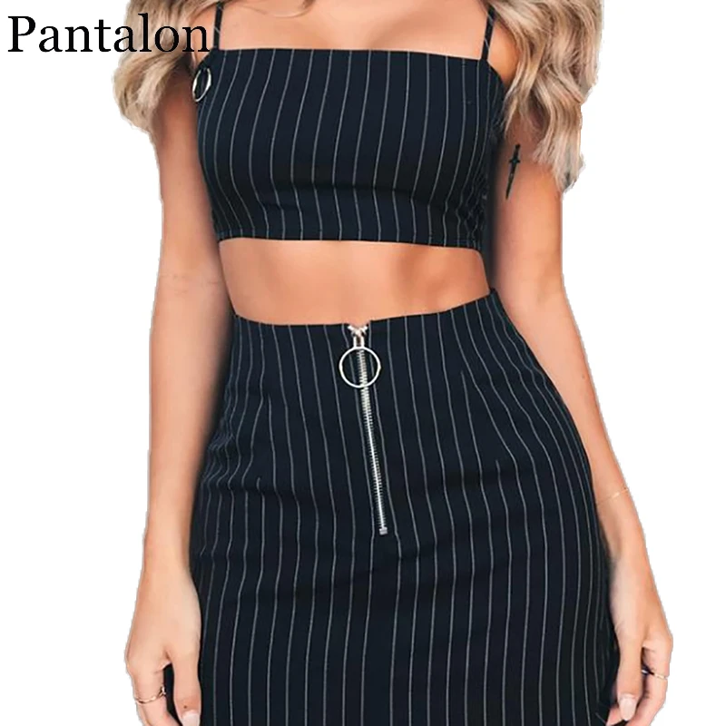 Женский комплект из двух предметов в полоску на молнии Pantalon летний укороченный