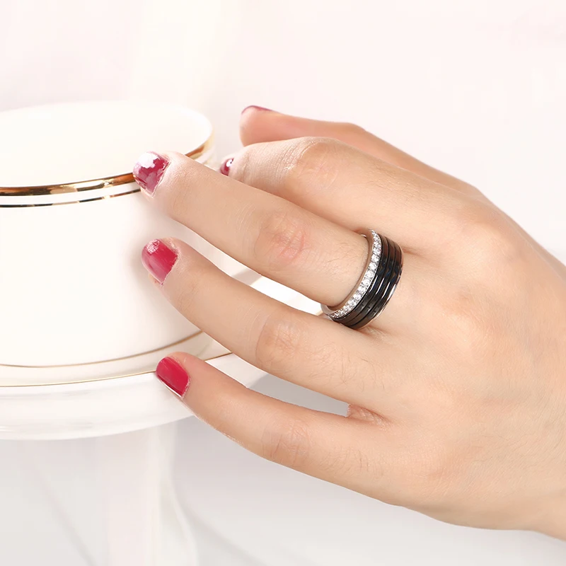 Новая мода 8 мм Широкие керамические кольца женские трендовые серьги с одним рядом кристаллов серебряный комплект металлических украшений Свадебная вечеринка