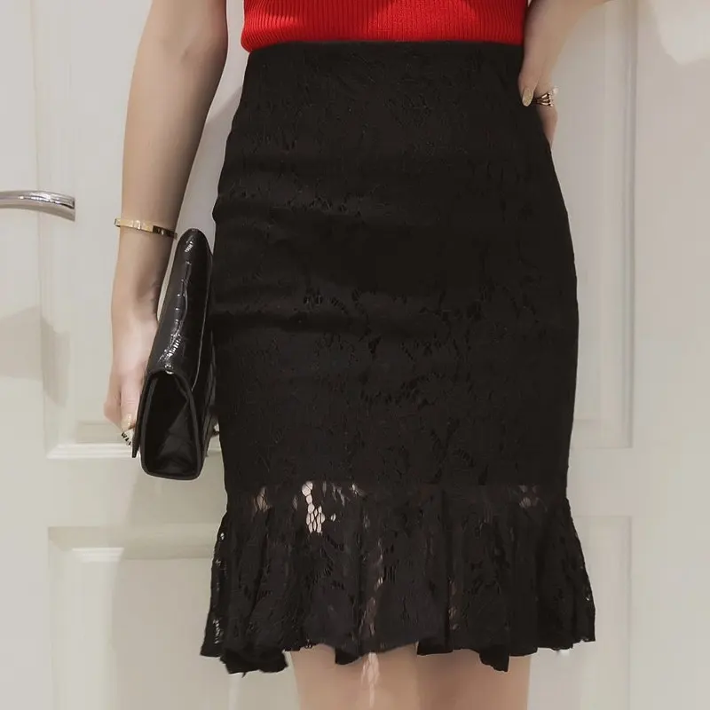 SEXMKL размера плюс белая кружевная юбка для женщин Осень Зима Высокая талия плиссированные юбки бодикон Дамская уличная черная юбка карандаш - Цвет: Черный