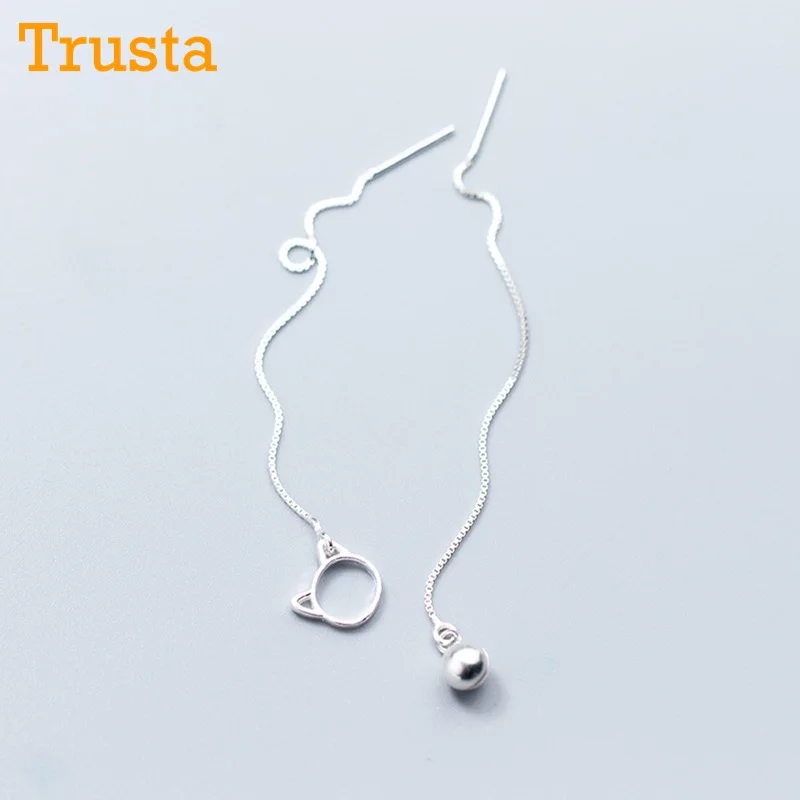 

Trusta 100% 925 Solid Sterling Silver Stud Earring asymmetric Cat Bell Linked 8.5cm Drop Stick For Girls Friends Gift DS881