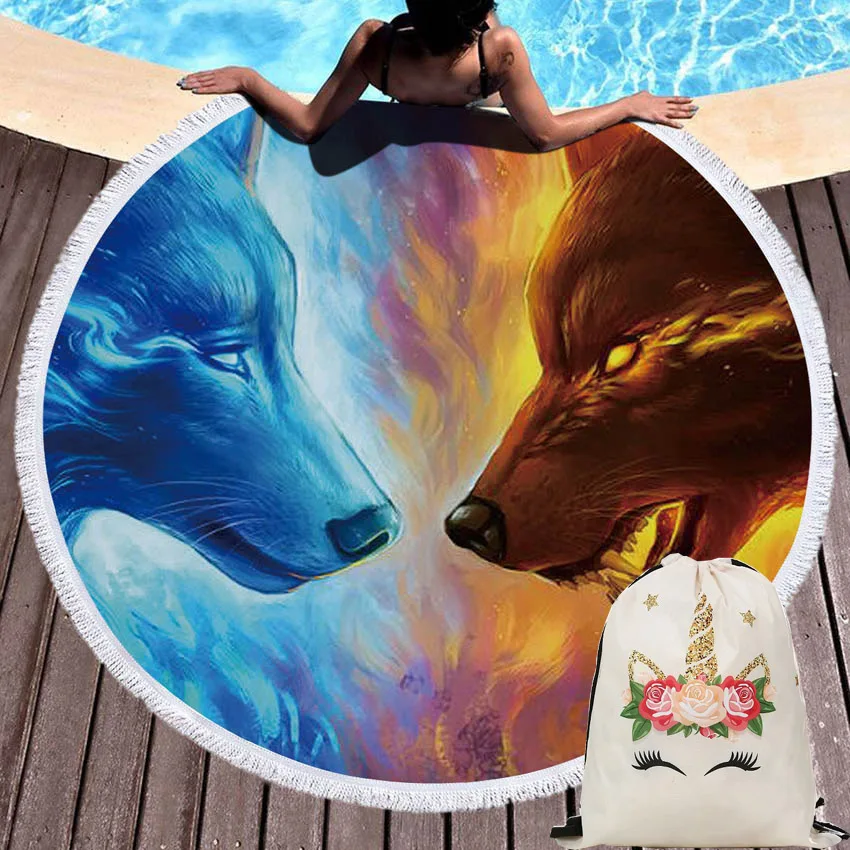 

Wolf Summer Round Beach Towel Microfiber with Drawstring Backpack Bag Towels Yoga Mat Blanket with Tassels Telo Mare Strandtuch