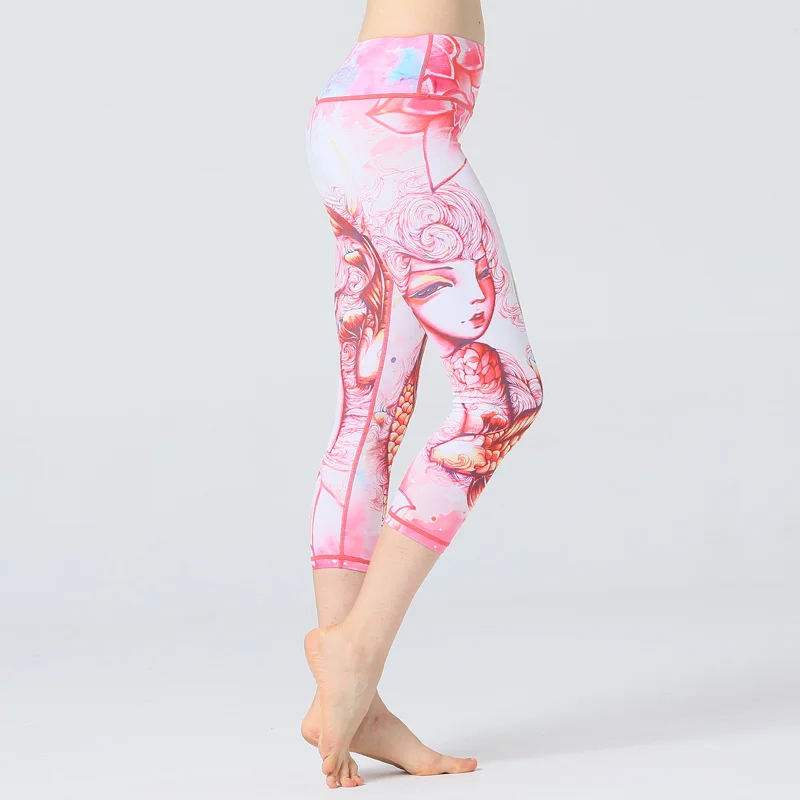Ретро Русалка талии спорт штаны для йоги капри для женщин быстросохнущая печатных Фитнес Леггинсы для Crossfit Training укороченные брюки