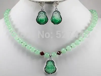 

FREE SHIPPING>>@> Wholesale JWEW6529 Charming 8mm Light green jade Carved luck Buddha pendant necklace earrings Natural jewelry