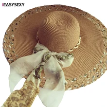 iEASYSEXY Brand 2016 Korean Style Summer Sunscreen Sunshade Leopard Straw Cap Fashion Women Adult Casual Beach Hat With Riband