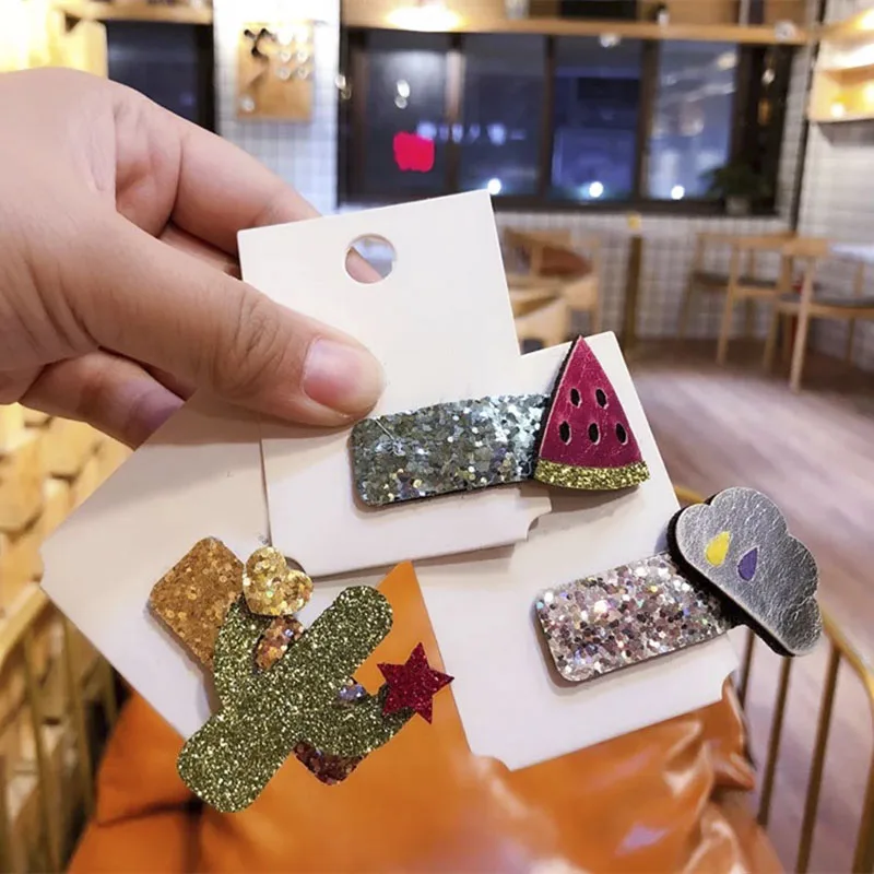 

2Pcs / Set sequins striped satin cartoon sequins cover BB clip girls children handmade boutique mini hairpin hair accessories