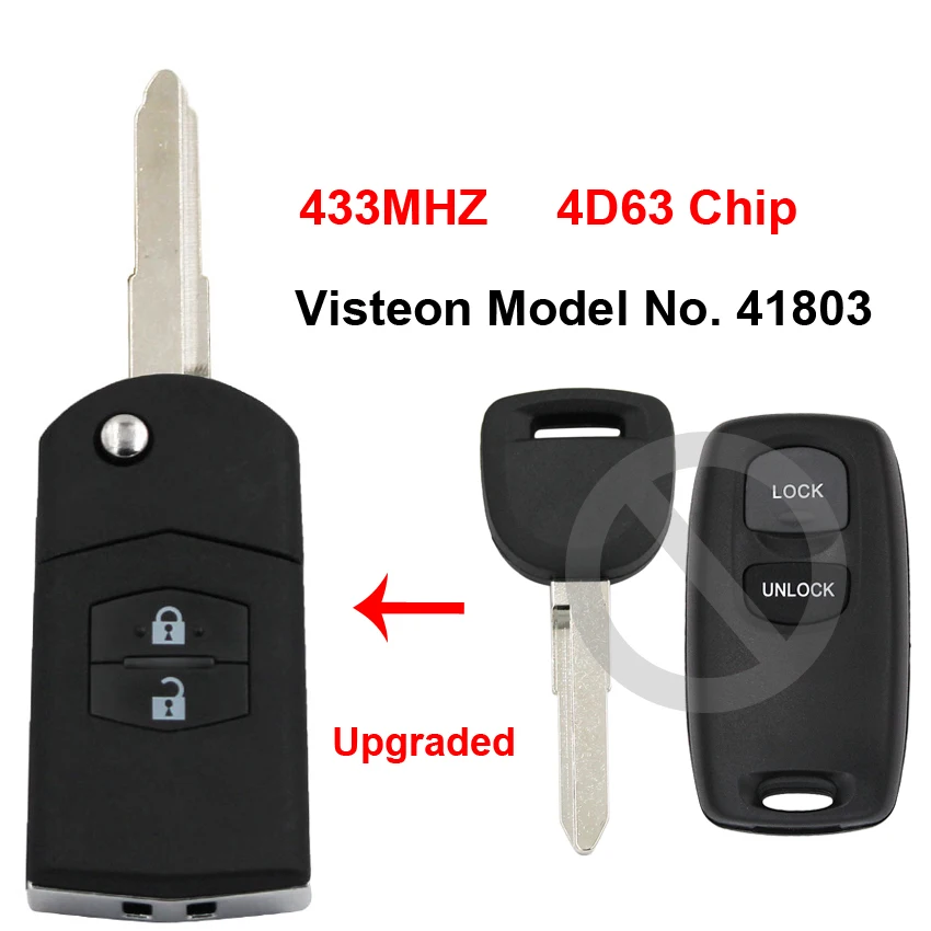 

2 Button Upgraded Folding Flip Remote Car Key 433MHz 4D63 Chip for Visteon Model No. 41803 for Mazda 2 3 6 2002 2003 2004 2005
