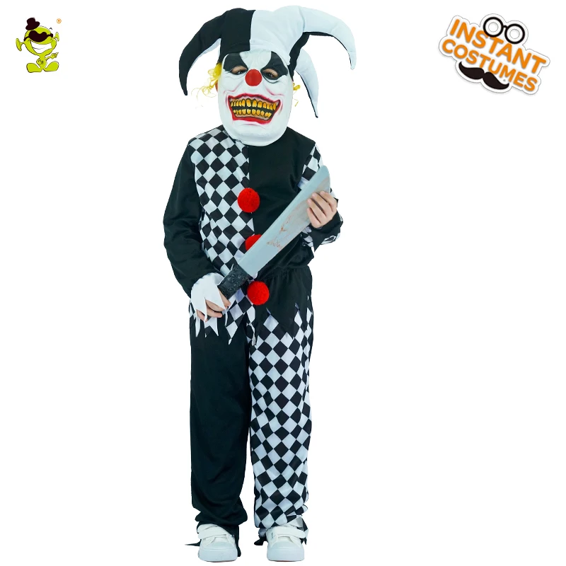 Злой Шут; костюмы для мальчиков; страшный клоун; убийца; одежда для ролевых игр; детская праздничная одежда на Хэллоуин; грим Бюффон; одежда для костюмированной вечеринки