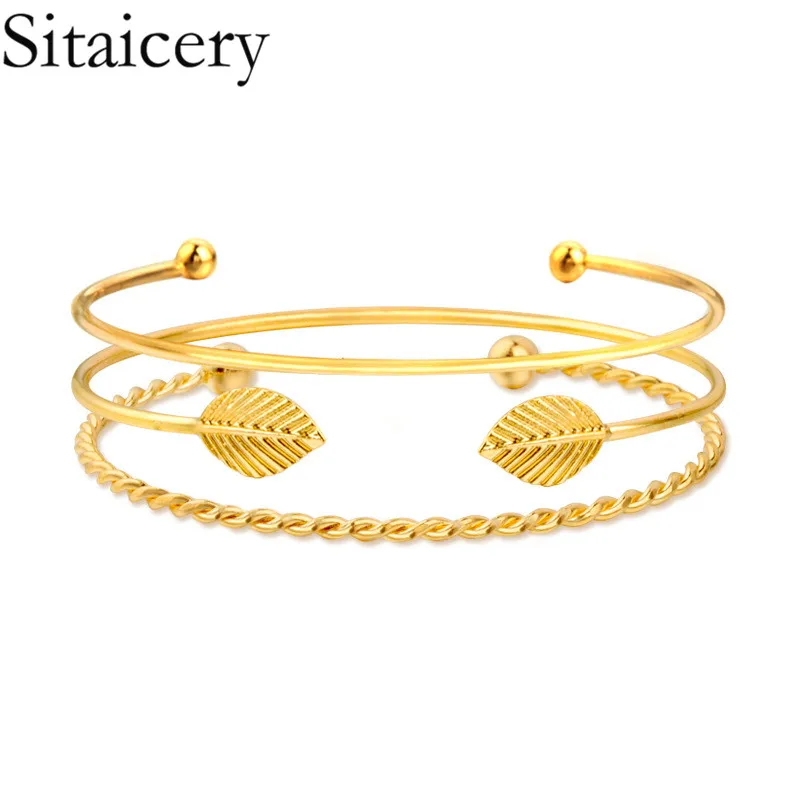 

Sitaicery 3PCS/Set Women's Fashion Crystal Leaves Geometric Chain Gold Bracelet Set Bohemian KISS WIFE Vintage Jewelry Wholesale