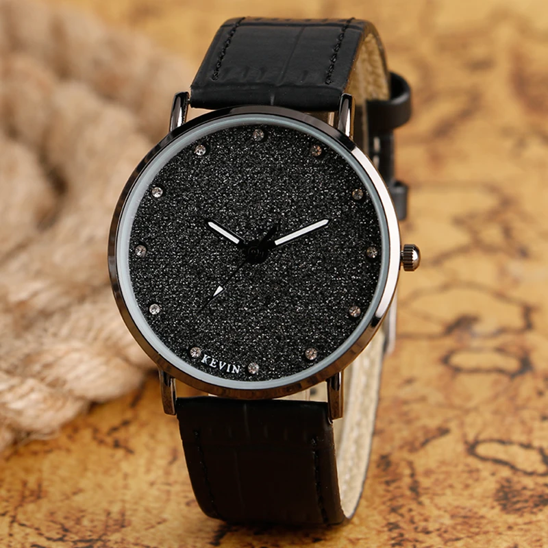 High Quality Bling Crystal Dial Black leather Band Strap Wrist Watch ...