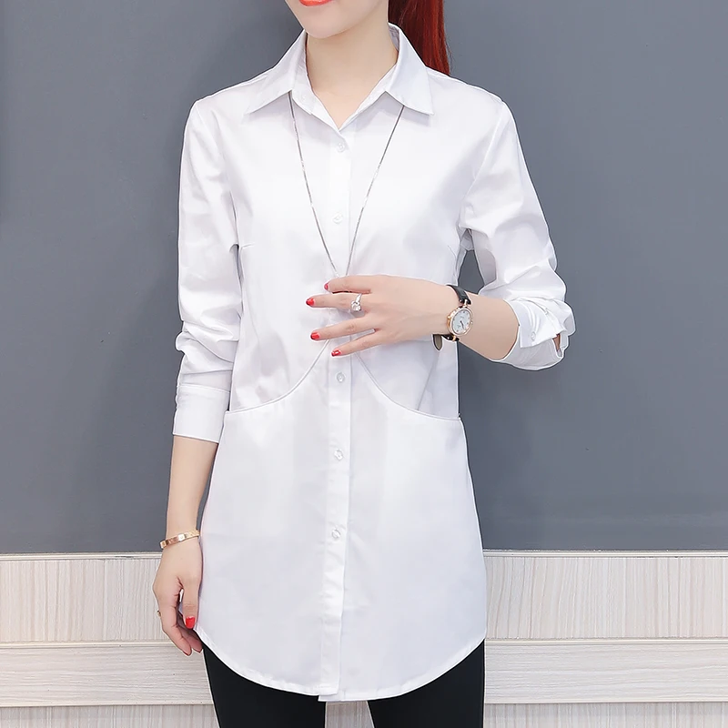 

2018 Lady White Cotton Shirts Size S-2XL Solid Color Long Style Tops Women OL Fashion Blouses