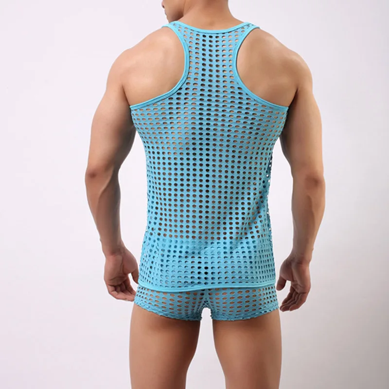 Мужская футболка без рукавов сетчатая прозрачная летняя для фитнеса