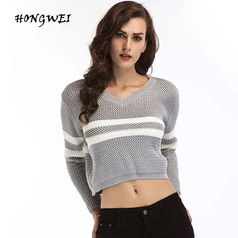 Hongwei Sweater Women Knitted Long Sleeve Color Block Geometric Sweater Short Crop Tops Knitwear 