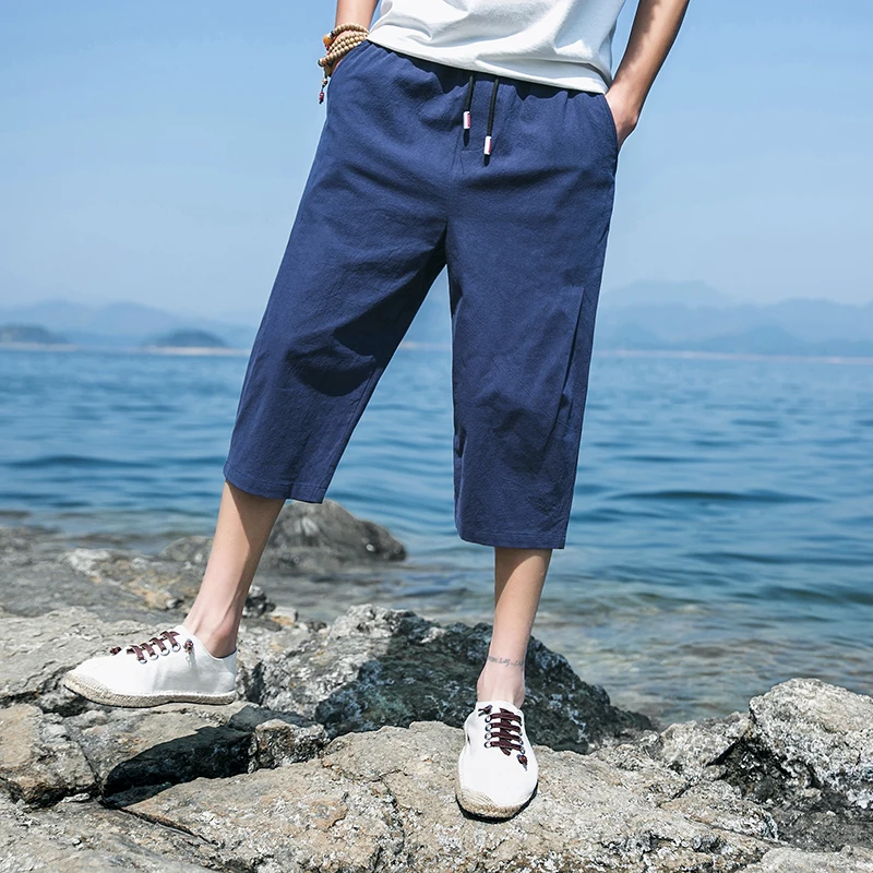 navy blue Летние Новые брюки мужские модные однотонные повседневные Прямые укороченные брюки мужские уличные трендовые свободные шаровары в стиле хип-хоп - Цвет: navy blue