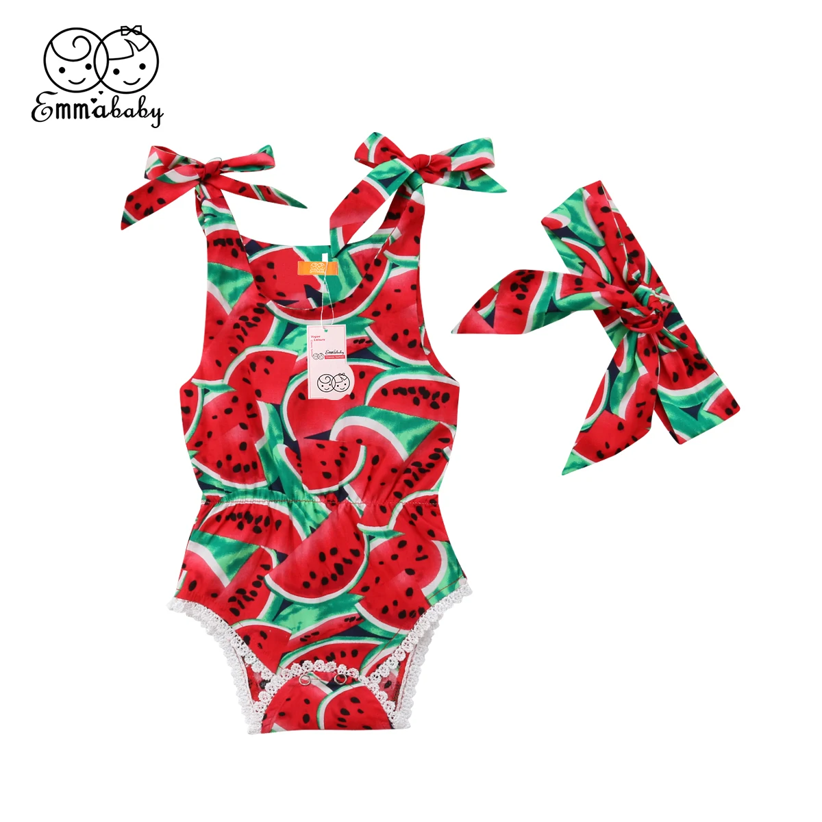 Summer Newborn Baby Girls Watermelon Bodysuit Lace Up Adorable Kids