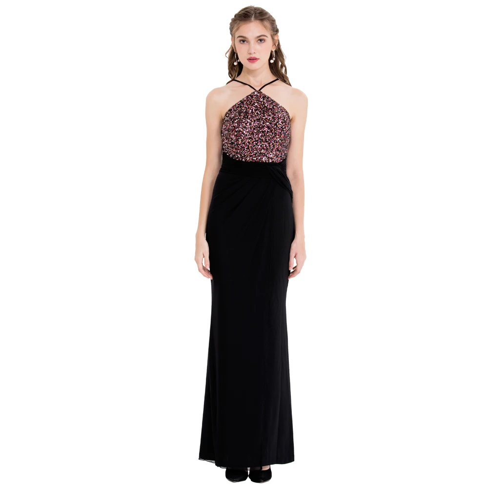 Женское Веч. Платье с пайетками Angel-fashions Черное длинное вечернее платье лямкой на